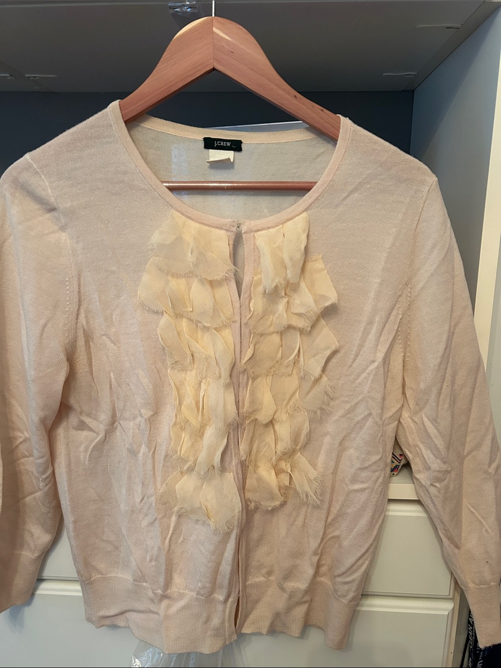 J. Crew Cream Ruffle-Front Cardigan 100% Merino wool L